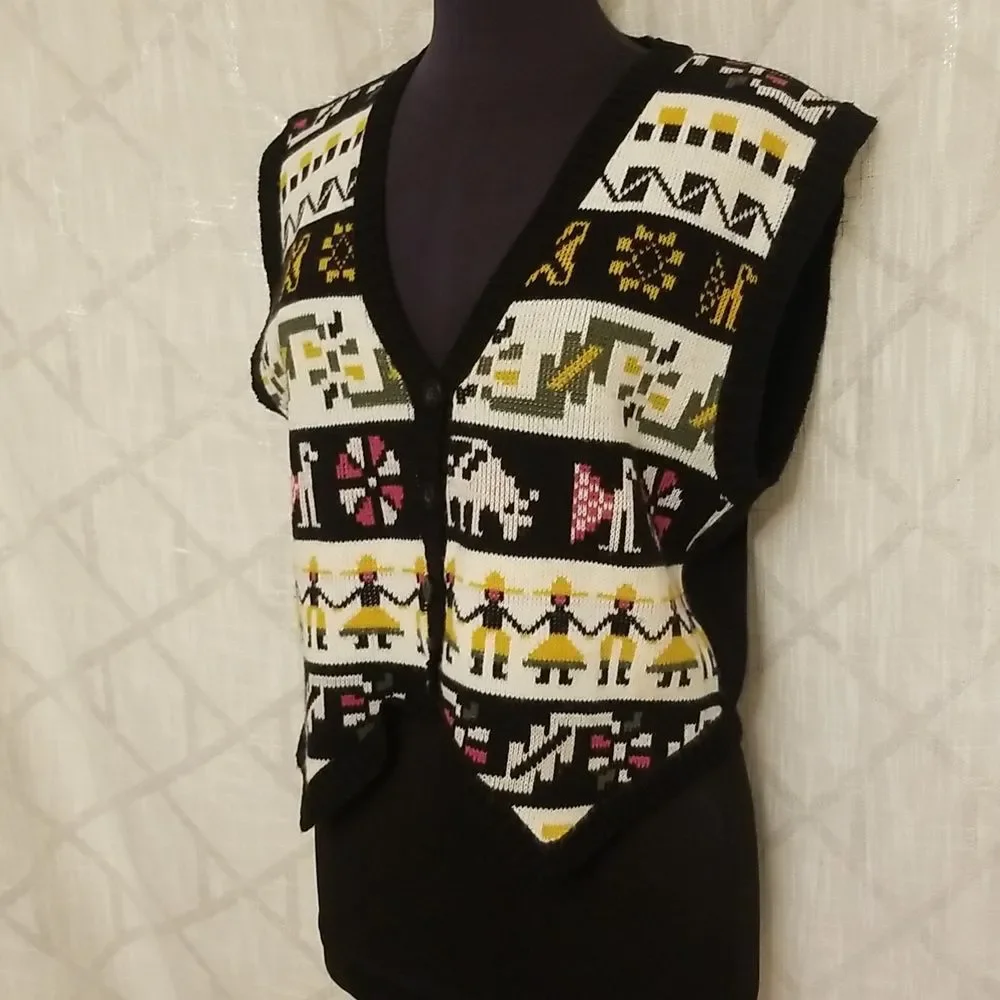 Vintage Boho Art to Wear Knit Cardigan Vest Grannycore Womens S/M Y2k Knit